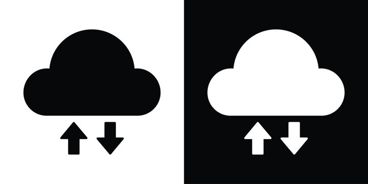 Cloud data transfer vector icon with up and down arrows. Black and white web sync symbol for upload, download, and file sharing.