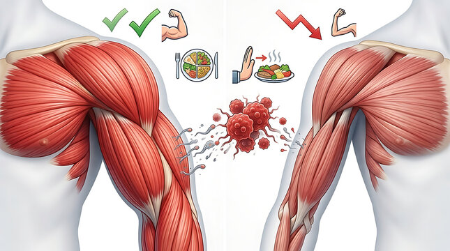 Medical Illustration of Sarcopenia and Muscle Atrophy Showing Cachexia Tissue Loss and Reduced Strength Due to Malnutrition Aging Chronic Disease or Cancer with Low Appetite and Weakness Symptoms