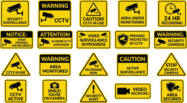 Collection of Yellow CCTV Security Camera Warning Signs with Icons and Text