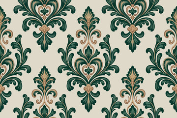 Seamless luxury damask pattern with emerald green and gold acanthus leaves. Elegant vintage floral ornament motif on a cream background.  © Monem
