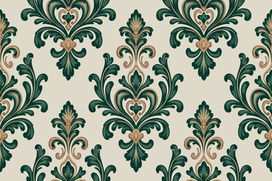 Seamless luxury damask pattern with emerald green and gold acanthus leaves. Elegant vintage floral ornament motif on a cream background. 