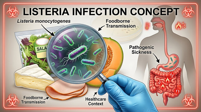 Listeria monocytogenes bacteria visualization representing foodborne illness and medical risk, pathogenic microorganism causing infection and sickness in a microscopic healthcare concept.