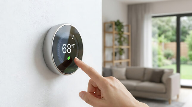 A human hand interacts with a contemporary digital smart thermostat wall panel to regulate temperature, demonstrating home automation, intelligent energy management, and indoor climate control.