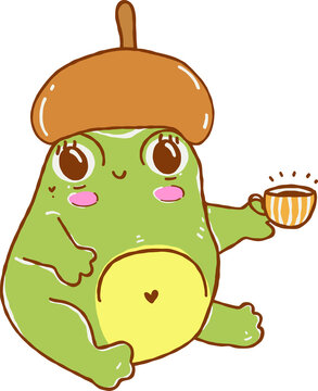 Cute Retro Kawaii  Frog Wearing Oak Acorn Hat Drinking Coffee Cozy Fall Vibes for Autumn  Day Aesthetic Illustration