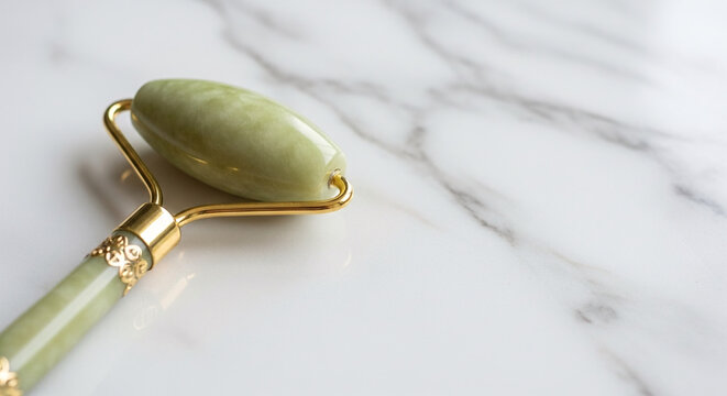 Elegant jade roller on a smooth marble surface