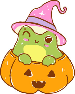 Cute Retro Frog Cartoon Wearing Witch Hat in  Pumpkin Halloween Whimsical Illustration Hand Drawn 