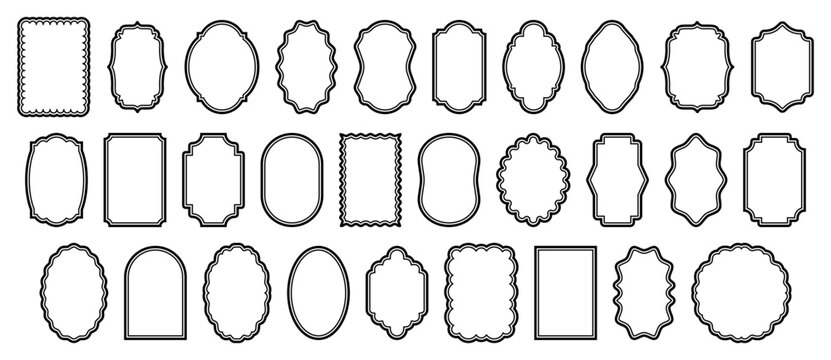 Set of black outline label frames featuring classic decorative borders, blank badge shapes and elegant templates for branding, packaging, stationery, printing and graphic design project