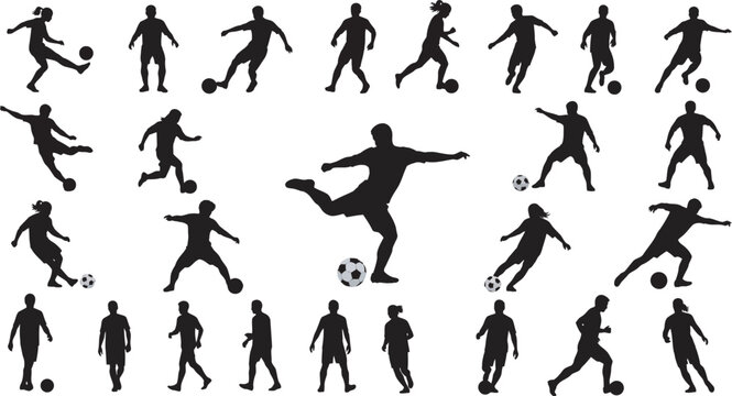Football Players Silhouette Set Featuring Dribbling, Running and Kicking Actions for Sports Design
