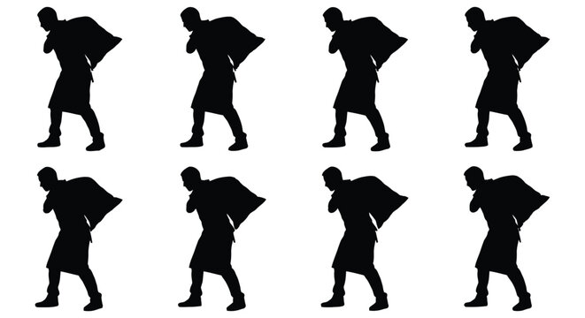 Silhouette of a man carrying a heavy sack on his back isolated on white