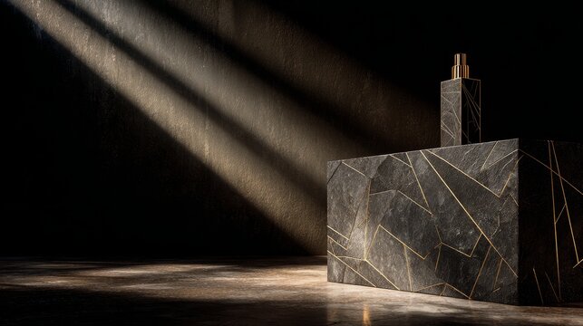 Black stone podium with gold lines and skincare bottle on top