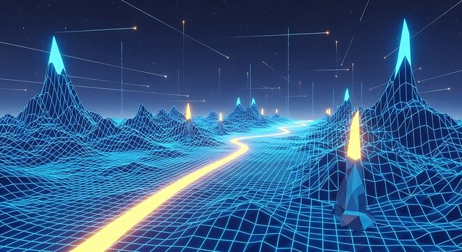 Abstract futuristic digital landscape with glowing mountains and data path.