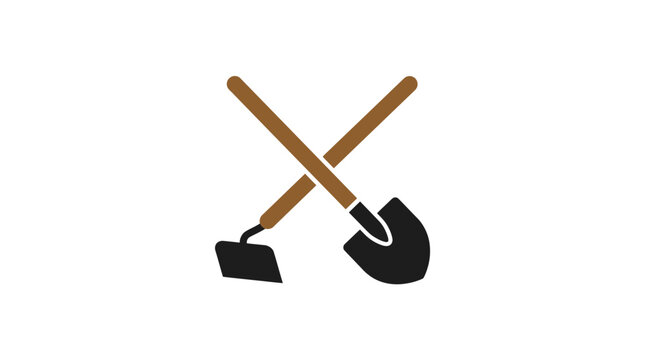 A simple illustration of a garden shovel and a hoe crossed over each other
