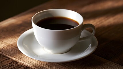Fototapeta premium A close up view of a white coffee cup filled with dark liquid resting on a warm wooden surface