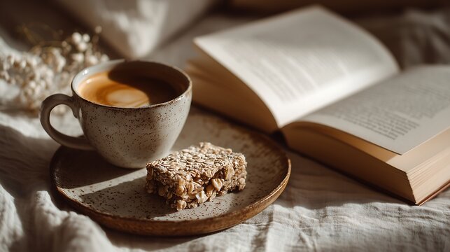 Cup of coffee beside snack plate and novel book with soft natural lighting, calm cozy home vibe and detailed texture