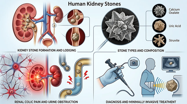 Detailed Medical Illustration of Human Kidney Stones Anatomy Showing Nephrolithiasis Calculus Formation inside Renal Organ for Health Education and Scientific Diagnosis Concept
