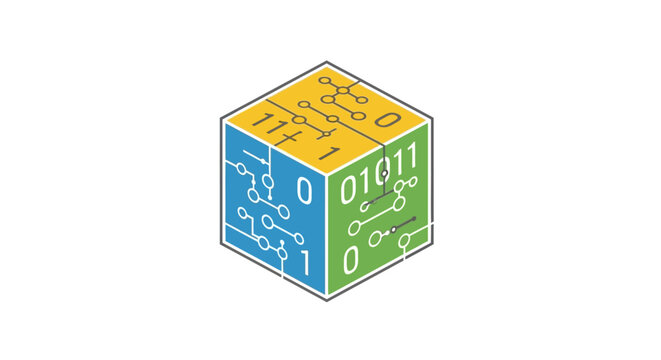 Isometric illustration of a digital cube featuring circuit board patterns and binary code displays