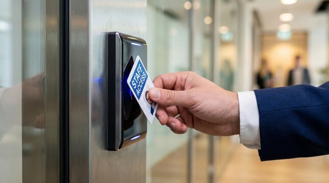 Close-up of a person's hand in a suit holding an access card to scan at a security door