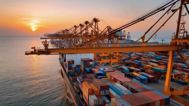 Ship loaded with containers docks at port during sunset near water with cranes in the background
