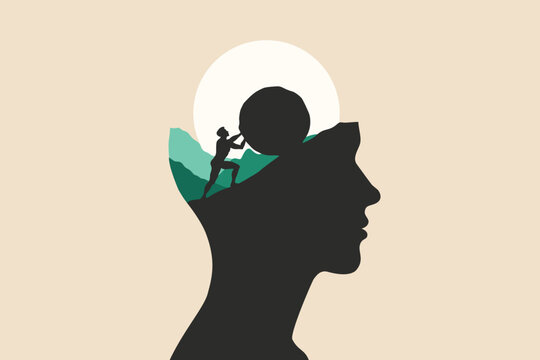 Sisyphus Struggle with Hard Work, Progress and Victory Concept Illustration