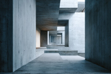Fototapeta premium Impressive Brutalist concrete interior architecture with geometric patterns and light.