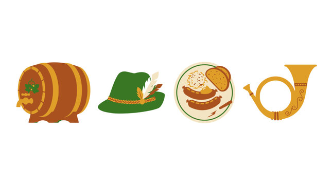 Beer barrel, green hat, sausage plate, and brass horn are displayed as colorful icons of autumn festival culture.