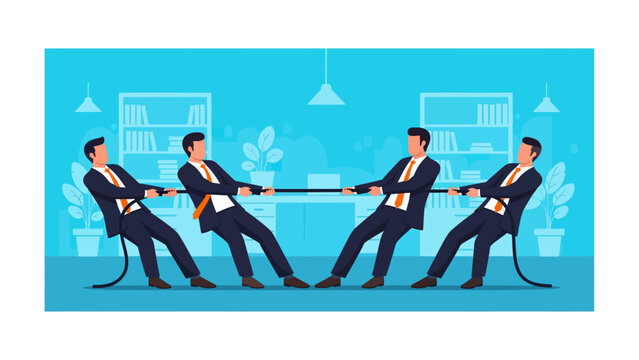 Business Tug of War Competition featuring four businessmen in suits pulling a rope in a modern office, ideal for corporate conflict resolution and team competition concepts.