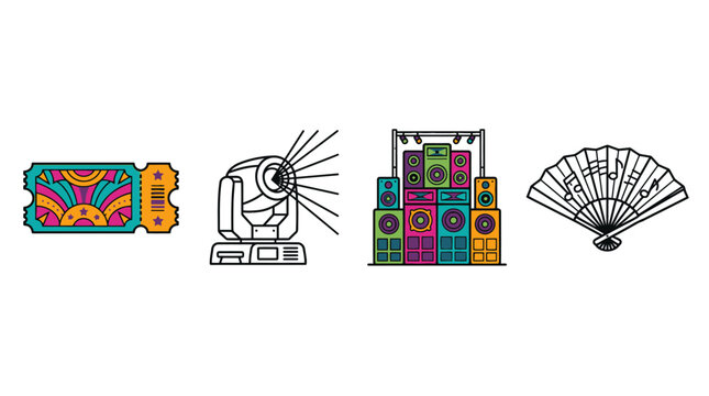 Event entertainment icons depicting an admission ticket, a stage spotlight, a sound speaker stack, and an open folding fan are shown in a row.