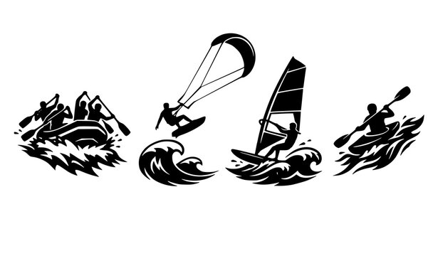Water Sports Vector Icon Set Featuring Rafting, Kitesurfing, Windsurfing, and Kayaking Silhouettes for Adventure and Extreme Summer Activities