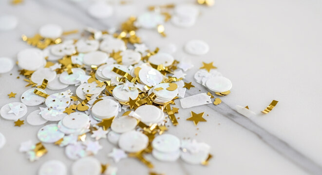 Shimmering confetti scattered on a smooth surface