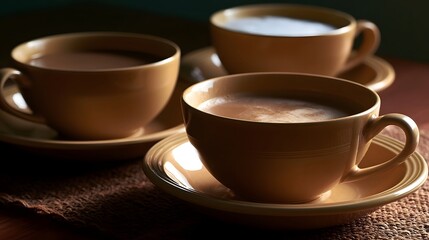 Obraz premium A warm arrangement of empty coffee cups resting on a dark surface creating an intimate and cozy still life