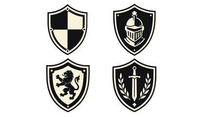 Set of heraldic shield emblems with knight helmet lion and sword © Andrei