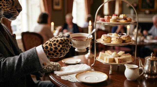 Stylish leopard anthropomorph serving tea in a cafe with pastries in an elegant setting
