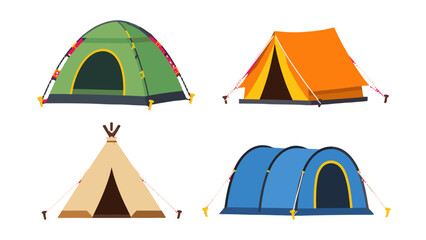 Set of four camping tents in flat vector style on white © Andrei