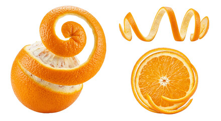 Orange Peel Spiral, Slice, and Zest Isolated on White Background
