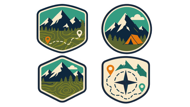 Set of mountain adventure camping and route planning badge icons
