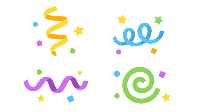 Colorful party confetti ribbons stars and spirals on white