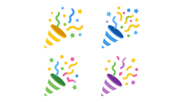 Set of colorful party popper icons with confetti bursts
