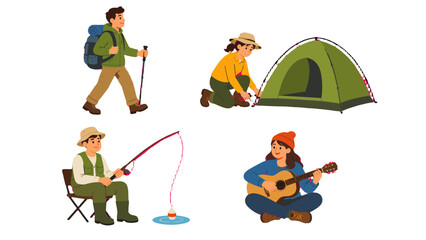 Camping and hiking people set with tent fishing and guitar © Andrei