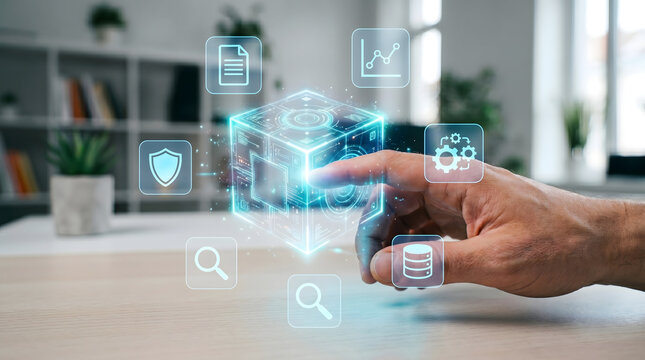 Enterprise AI strategy concept with holographic icons floating around representing artificial intelligence planning, innovation, and strategic implementation