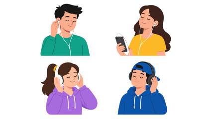 Fototapeta premium Four people listening to music with earphones and headphones