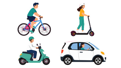 Naklejka premium People riding bicycle, scooter, moped and compact car set