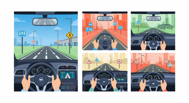 Driving Simulator Interface Showing Road and Steering Wheel.