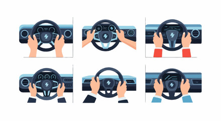 Hands Gripping Steering Wheel Driving Car Interior View. © Kaca