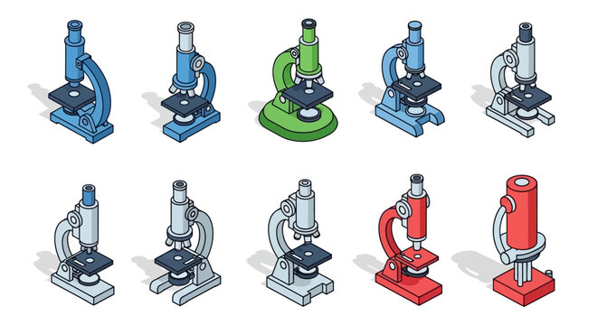 Illustration of various colorful microscopes in an isometric view for scientific concepts