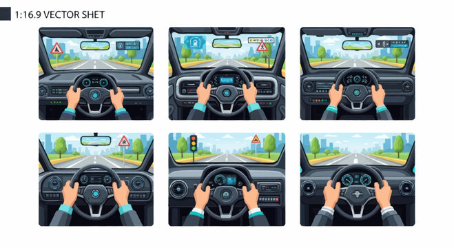 Hands on Steering Wheel Driving Car View From Inside.