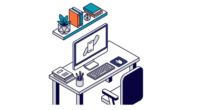 Isometric workspace illustration depicting a desk setup with computer and stationery for design