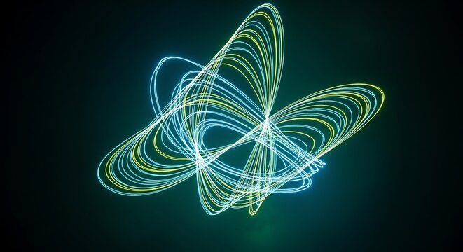 Abstract Lorenz attractor butterfly shape with glowing light lines.