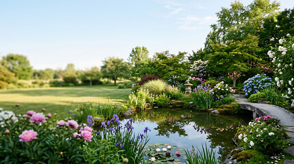 Fototapeta premium Serene garden landscape with a peaceful pond and stone bridge