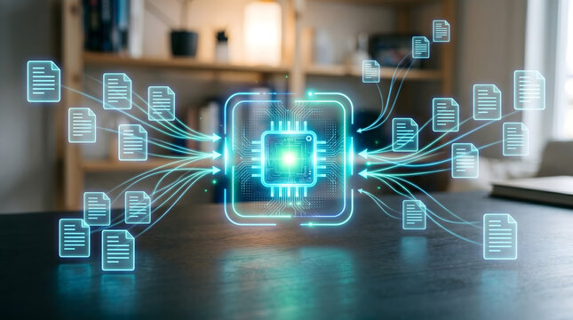 Holographic document icons showing AI summarization, retrieval, and digital document flow in a modern computing environment.