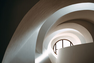 Fototapeta premium Abstract architectural interior with curving white walls and circular window.